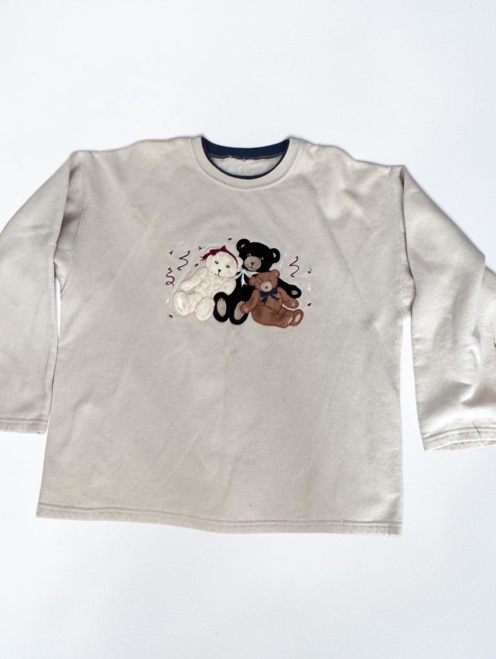 Vintage 90s Teddy Bear Sweatshirt Cream Plush Applique Three Bears Crewneck